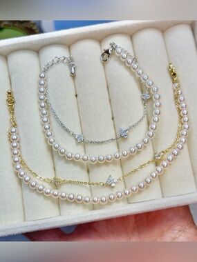 Delicate Pearl Necklace with Star Cubic Accents - White Pearls